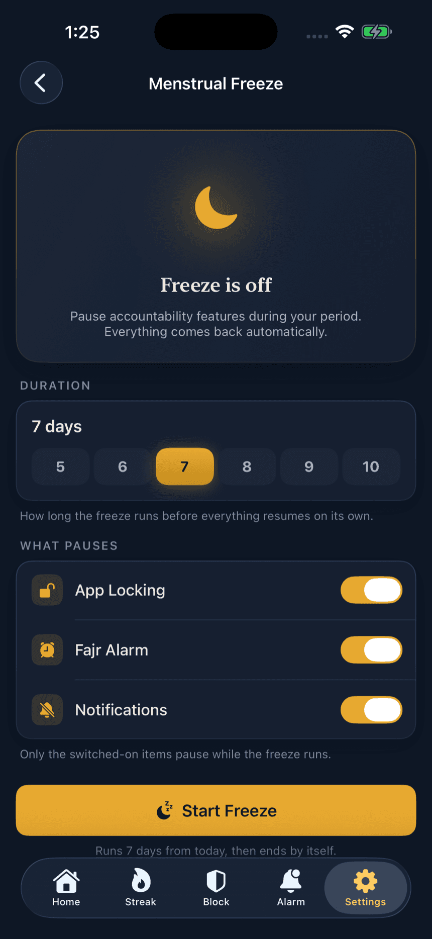 Muqeem menstrual freeze settings — duration picker and pause toggles