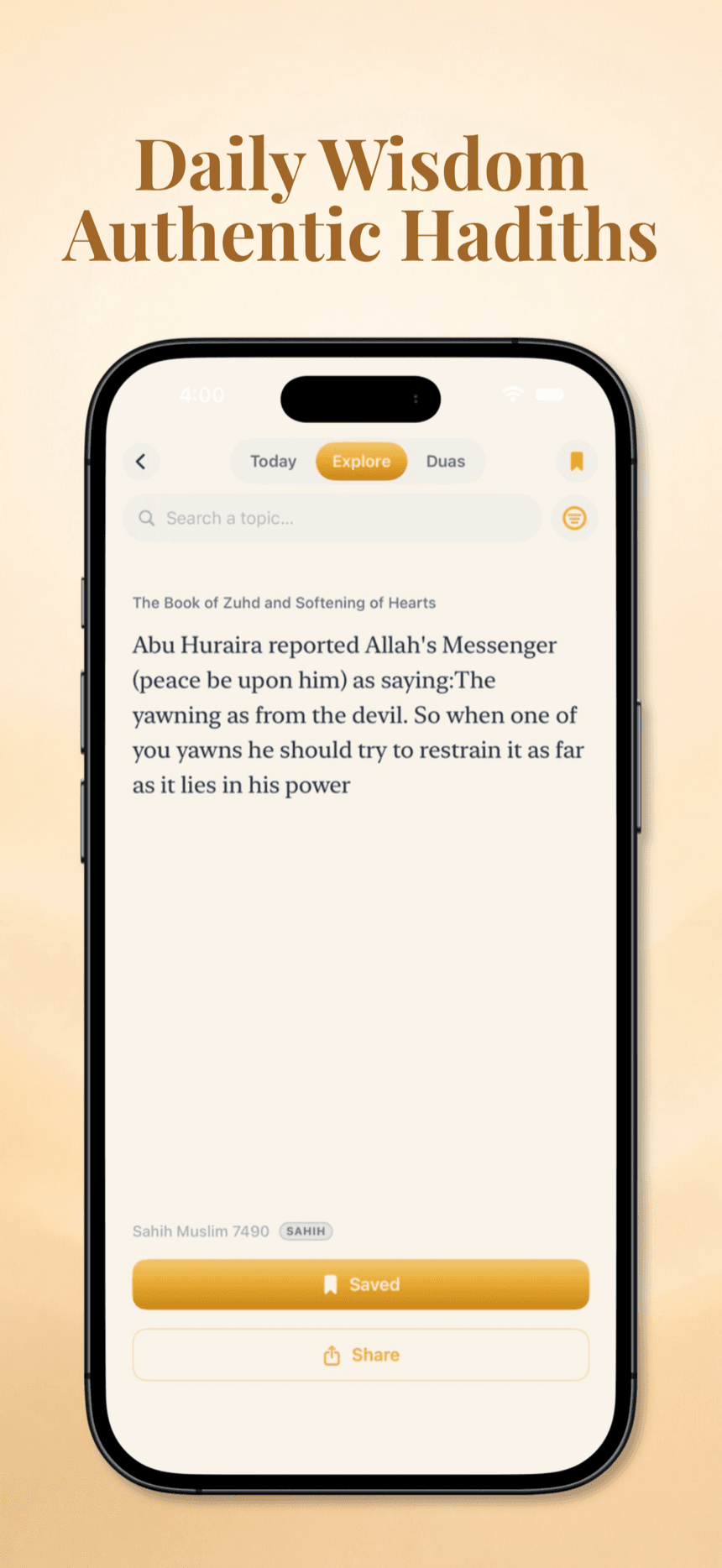 Muqeem hadith explore screen showing a saved hadith from Sahih Muslim