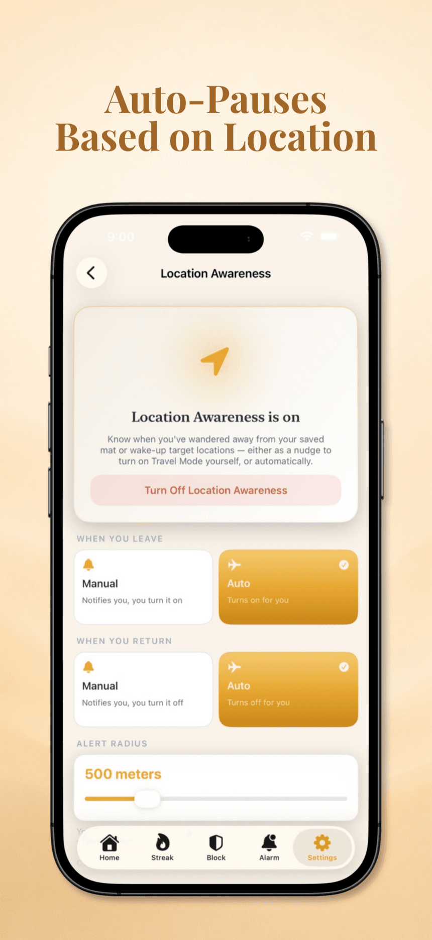 Muqeem location awareness settings — auto travel mode when leaving and returning