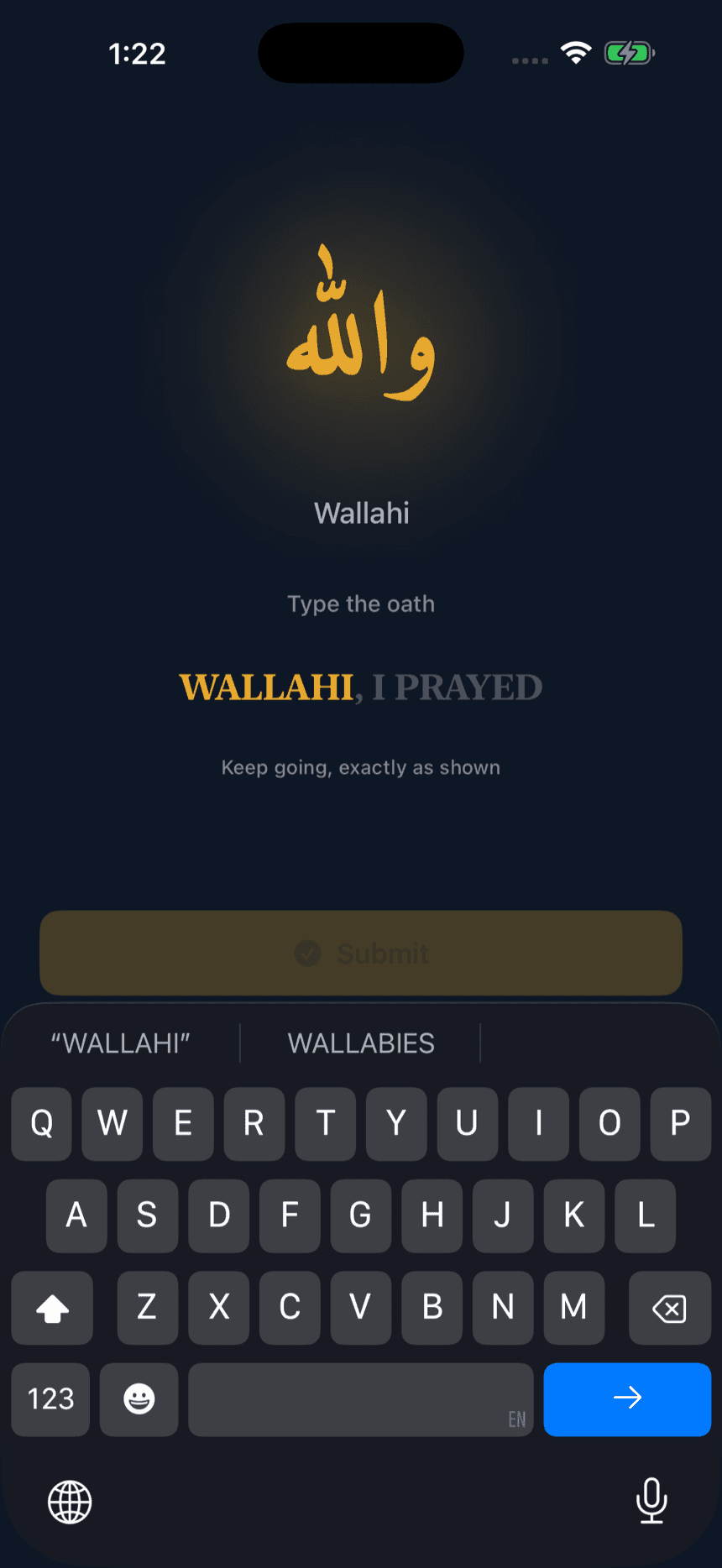 Muqeem oath screen — typing “Wallahi, I prayed” with the words turning gold