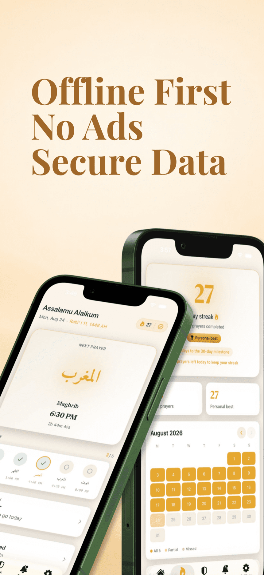 Muqeem app screens on two phones showing the streak calendar and next prayer countdown