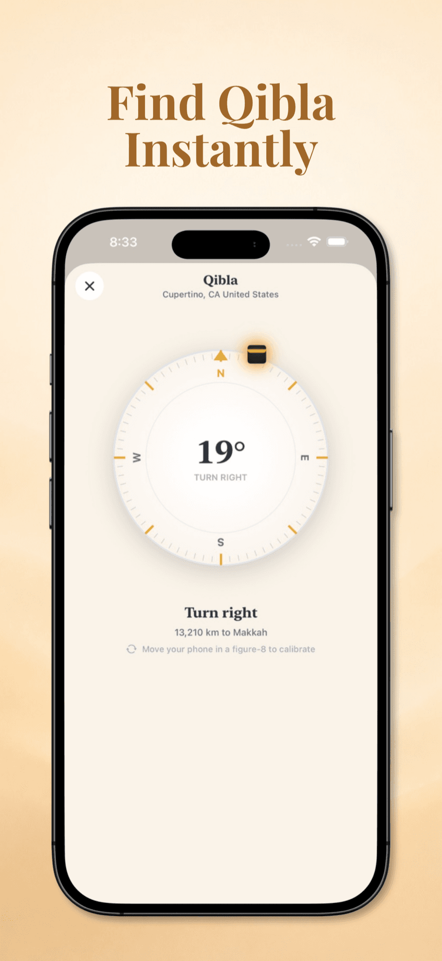 Muqeem Qibla compass pointing toward Makkah with distance shown