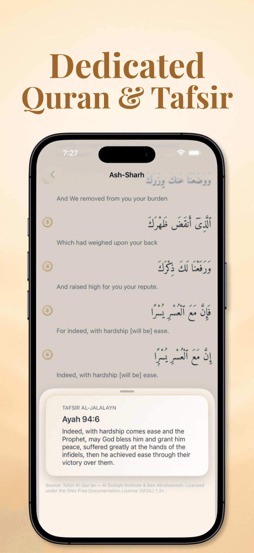 Muqeem Quran reader showing Surah Ash-Sharh with a Tafsir Al-Jalalayn commentary popup