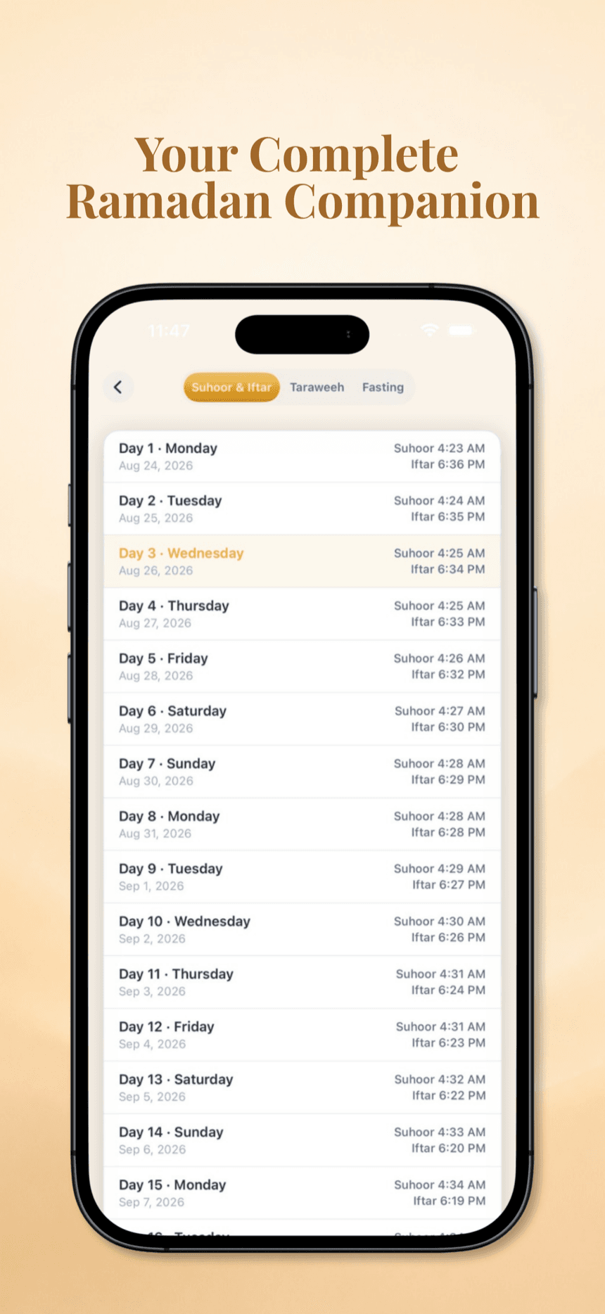Muqeem Ramadan companion screen listing daily Suhoor and Iftar times